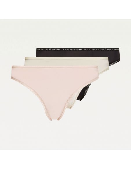 Tommy Hilfiger Women 3P Bikini Lace Microfiber Black Ivory Pale Pink