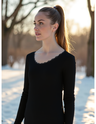 Gino Santi Dames Thermo Shirt lace Lange Mouw Zwart