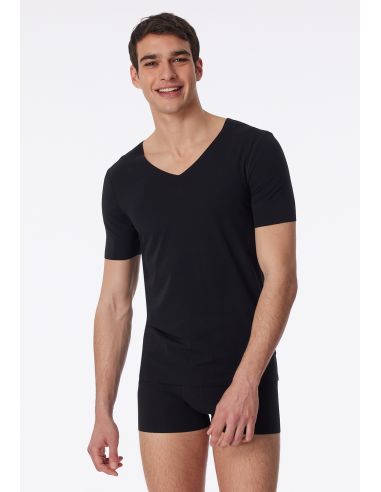 Schiesser Heren Shirt Korte Mouw V-Hals Zwart