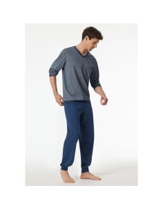 Schiesser Heren Pyjama Lang V-hals Blauw 2