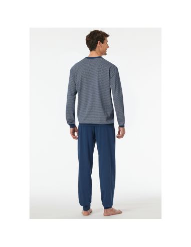 Schiesser Heren Pyjama Lang V-hals Blauw