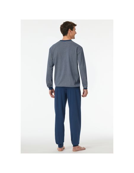 Schiesser Heren Pyjama Lang V-hals Blauw