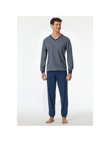 Schiesser Heren Pyjama Lang V-hals Blauw