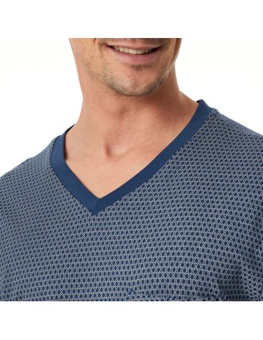 Schiesser Heren Pyjama Lang V-hals Blauw