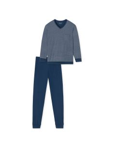 Schiesser Heren Pyjama Lang V-hals Blauw