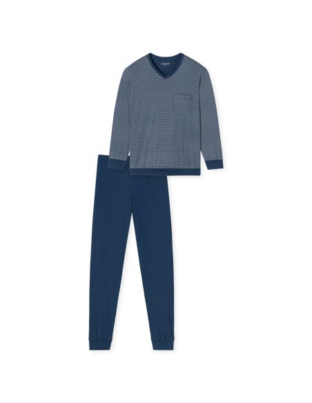 Schiesser Heren Pyjama Lang V-hals Blauw